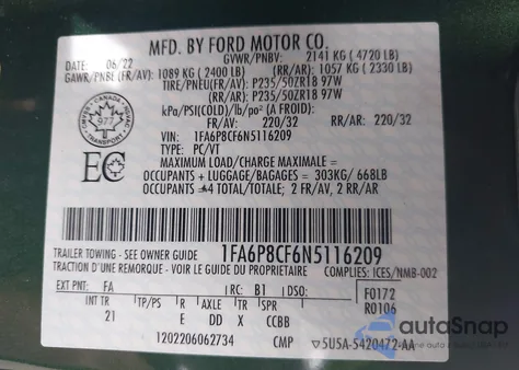 2022 Ford Mustang Gt z USA, uszkodzony, nr VIN 1FA6P8CF6N5116209